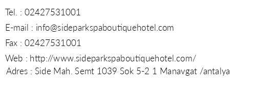 Side Park Spa Hotel telefon numaralar, faks, e-mail, posta adresi ve iletiim bilgileri